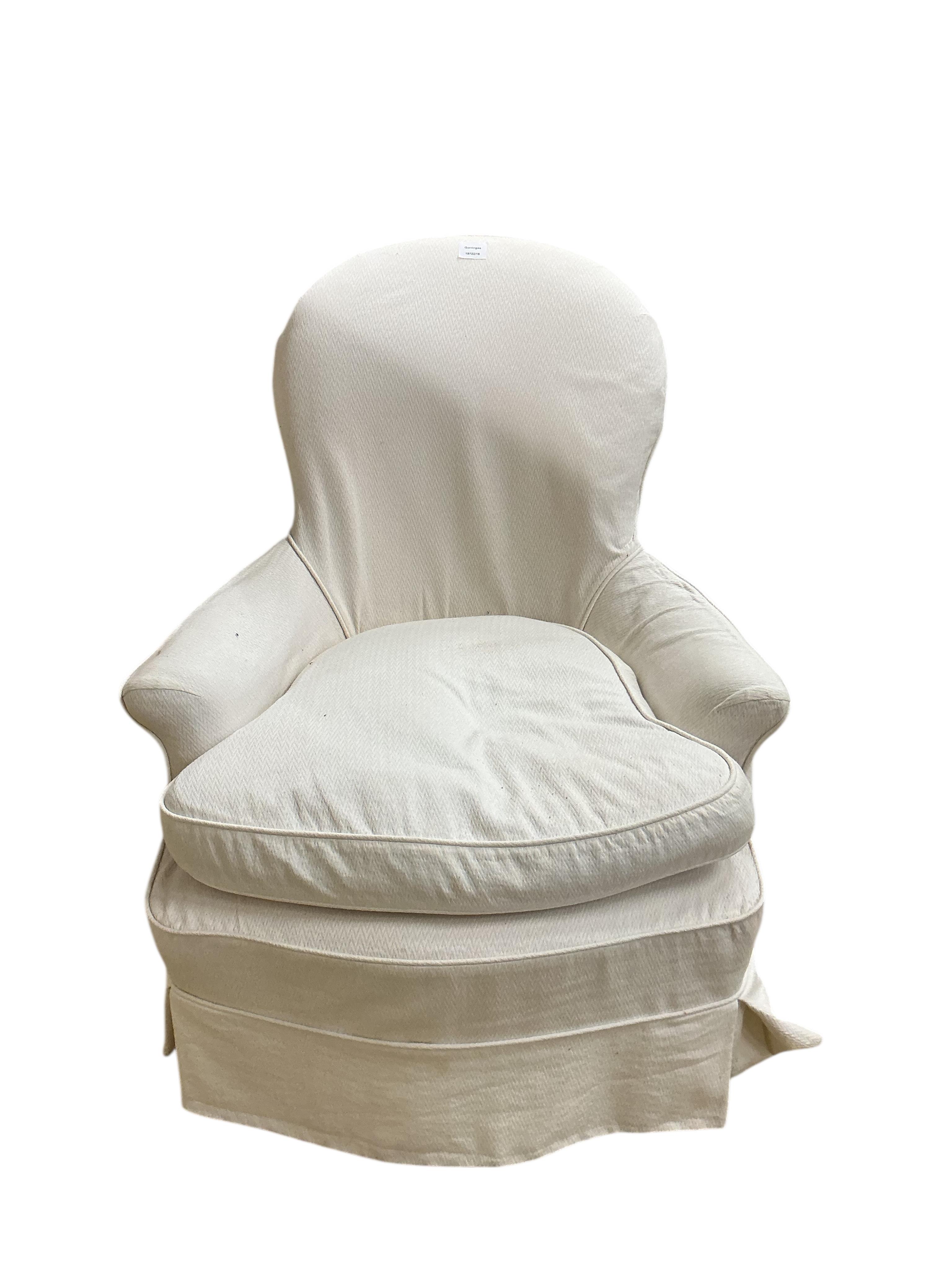 A 19th century French upholstered spoon back armchair, width 75cm, depth 72cm, height 86cm